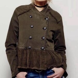 Free People Olive Green Distressed Military Flare Jacket - size XS Ruffle Hem